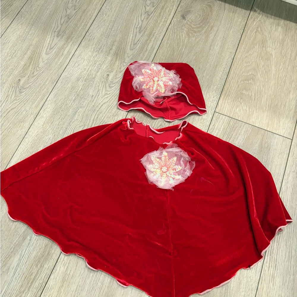 Sushi Red Velvet Cape with Floral Accent and matching hat.